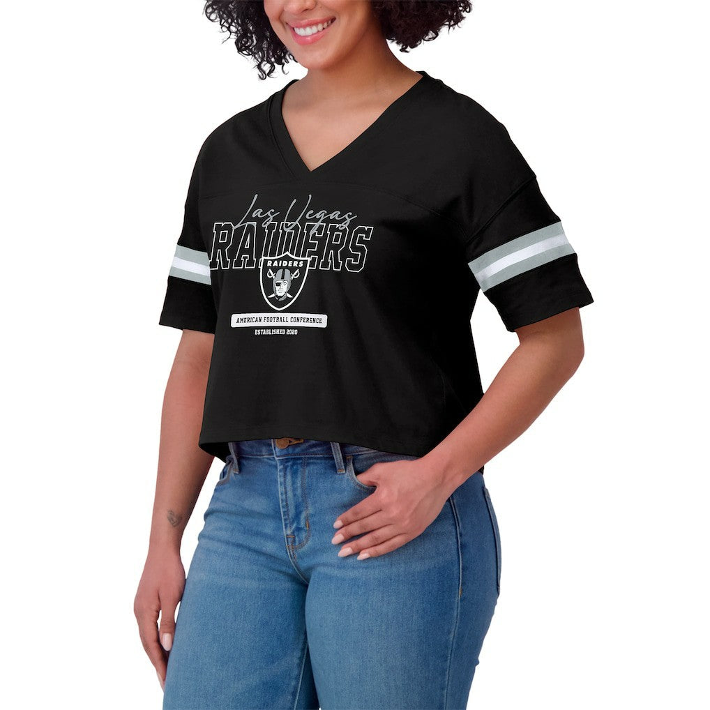Las Vegas Raiders WEAR by Erin Andrews Women's Color Block Boxy Modest Crop V-Neck T-Shirt - Black for sale