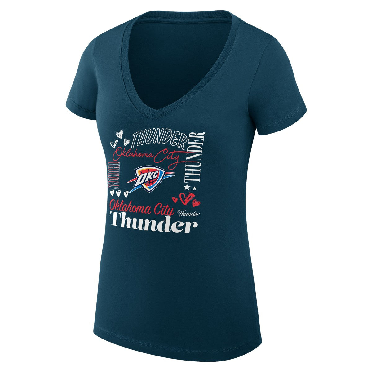 Oklahoma City Thunder G-III 4Her by Carl Banks Women's Super-Slim Fit Lightweight Team Name Collage Graphic V-Neck T-Shirt - Navy sale