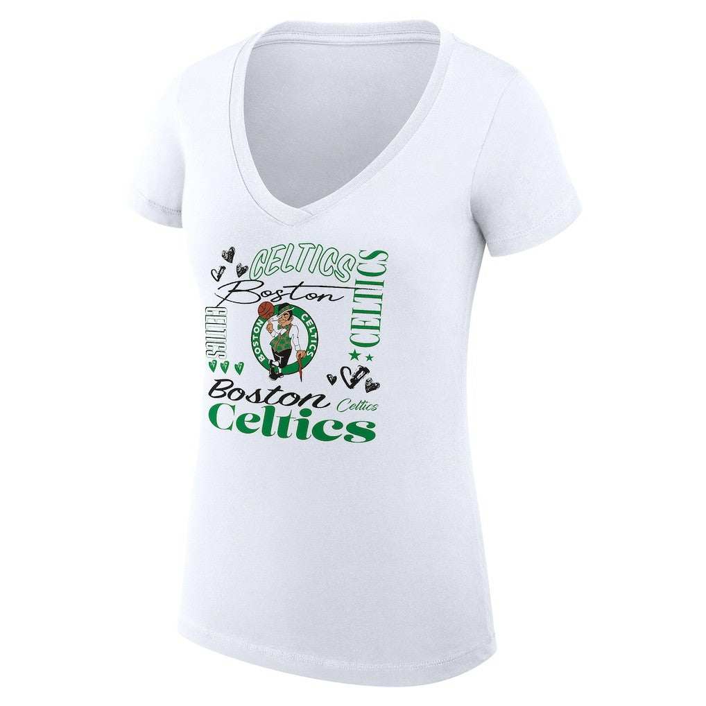 Boston Celtics G-III 4Her by Carl Banks Women's Super-Slim Fit Lightweight Team Name Collage Graphic V-Neck T-Shirt - White sale