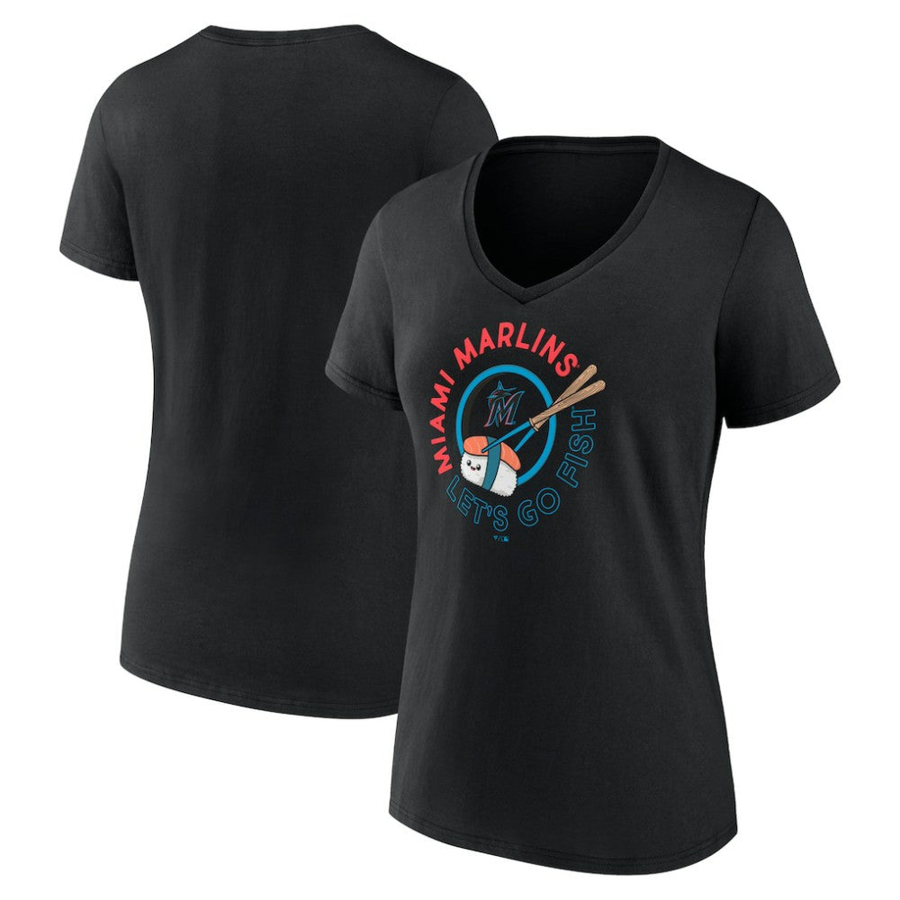 Miami Marlins Women's Let's Go Fish V-Neck T-Shirt - Black