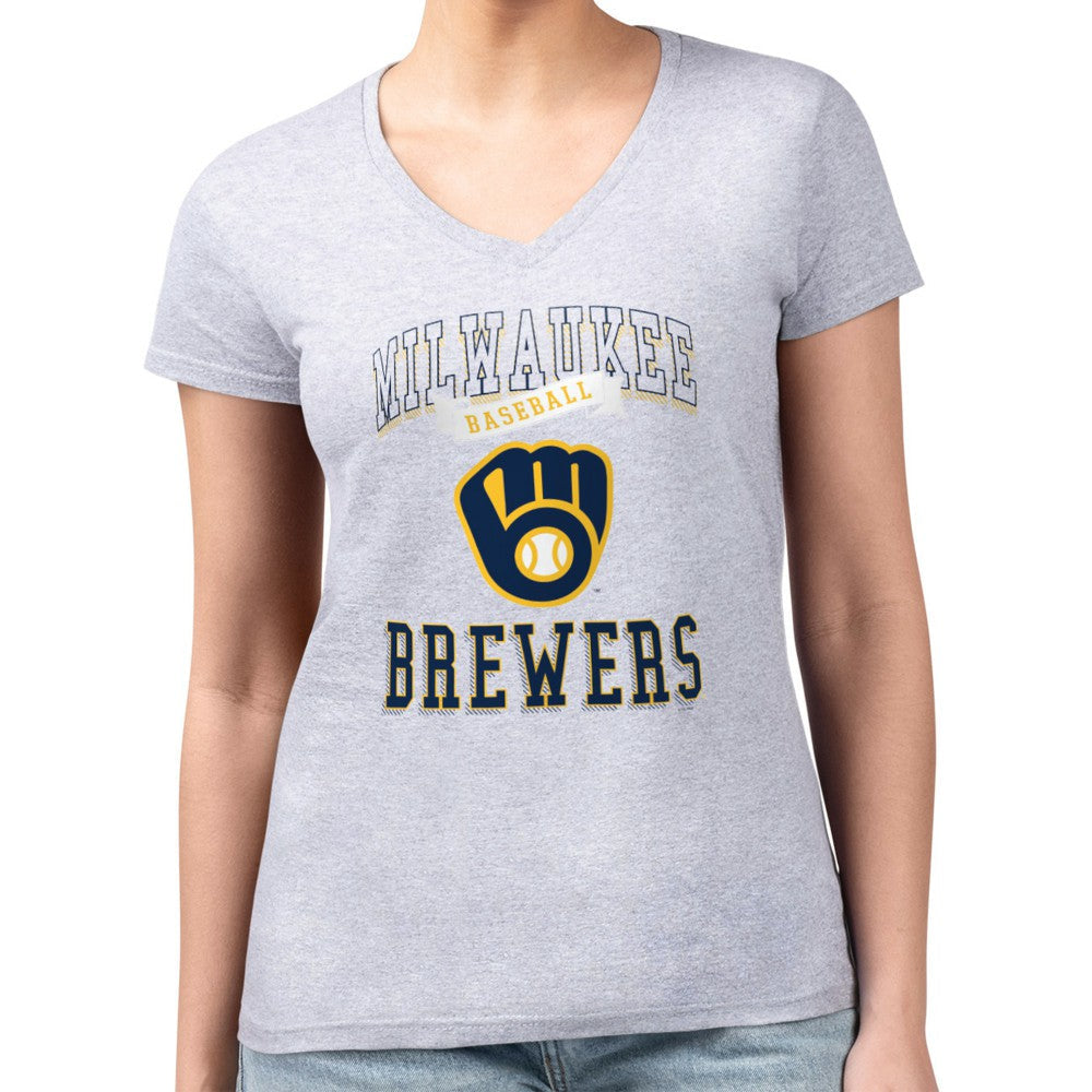 Milwaukee Brewers G-III 4Her by Carl Banks Women's Super-Slim Fit Lightweight Team Logo Graphic V-Neck T-Shirt - Heather Gray