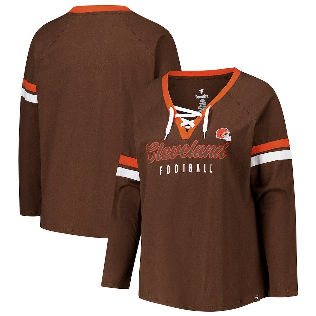 Cleveland Browns Women's Plus Size Won & Done Lace-Up V-Neck Long Sleeve T-Shirt - Brown discount