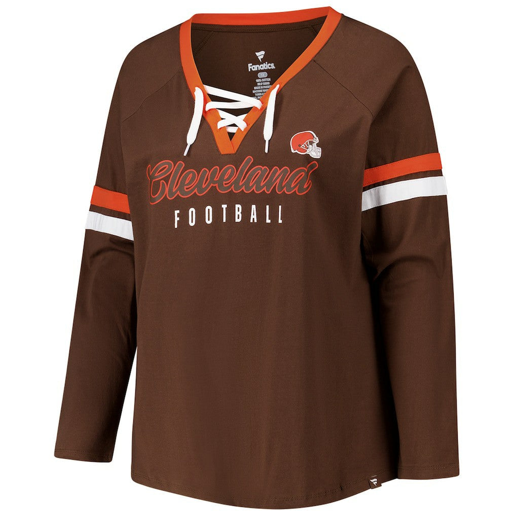 Cleveland Browns Women's Plus Size Won & Done Lace-Up V-Neck Long Sleeve T-Shirt - Brown discount