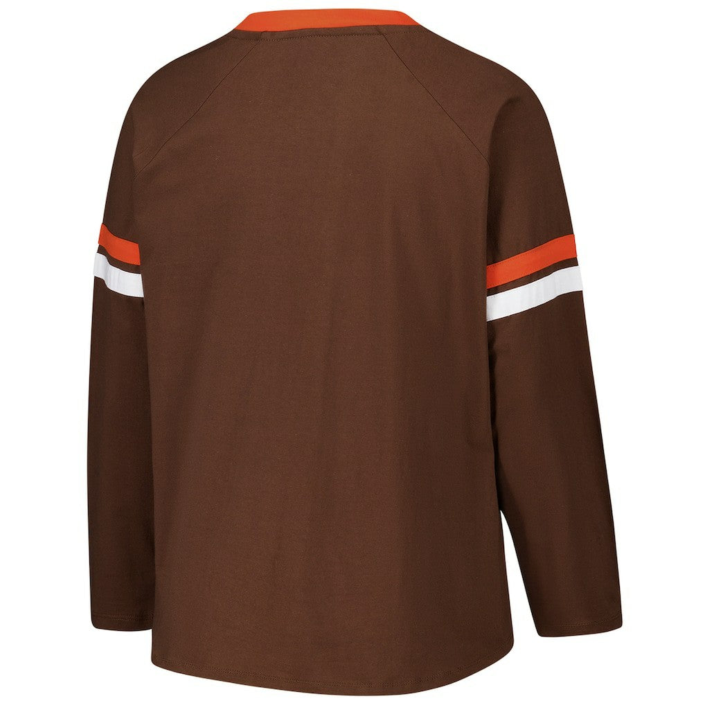 Cleveland Browns Women's Plus Size Won & Done Lace-Up V-Neck Long Sleeve T-Shirt - Brown discount