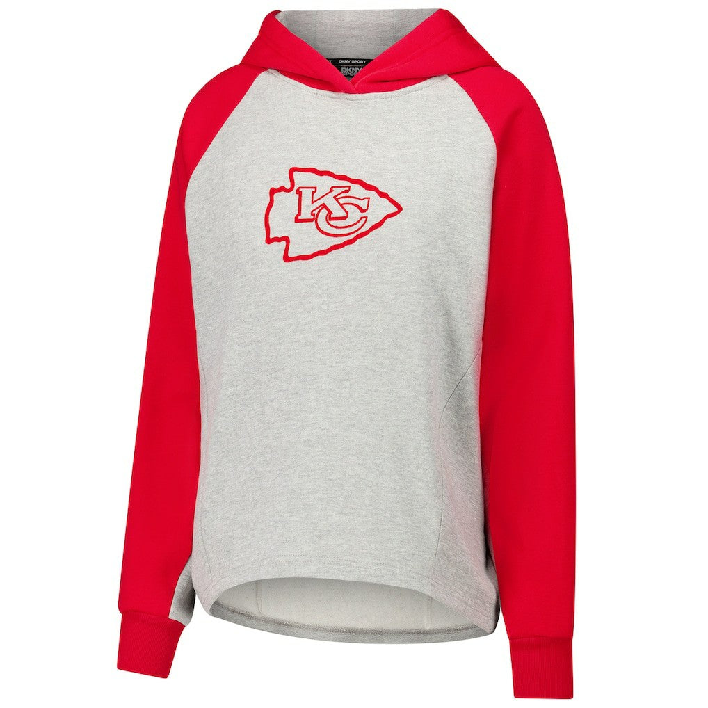 Kansas City Chiefs DKNY Sport Women's Joy Cropped Raglan Pullover Hoodie - Gray/Red for sale