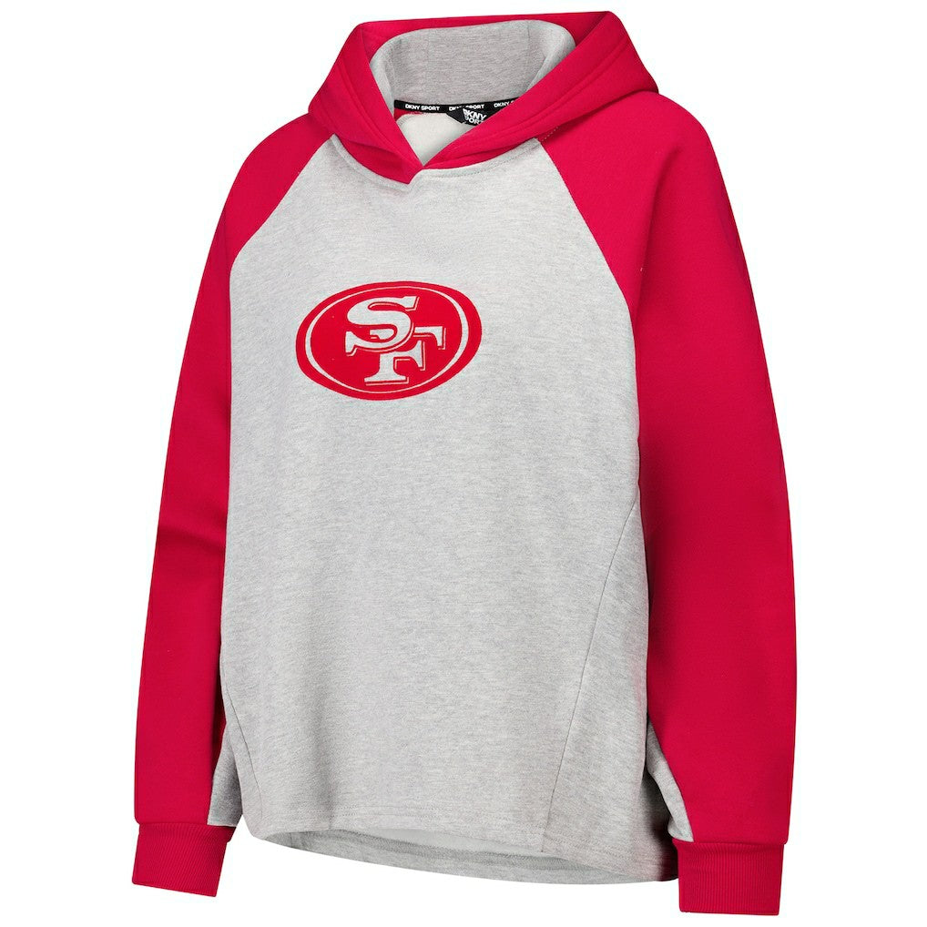 San Francisco 49ers DKNY Sport Women's Joy Cropped Raglan Pullover Hoodie - Gray/Scarlet cheap