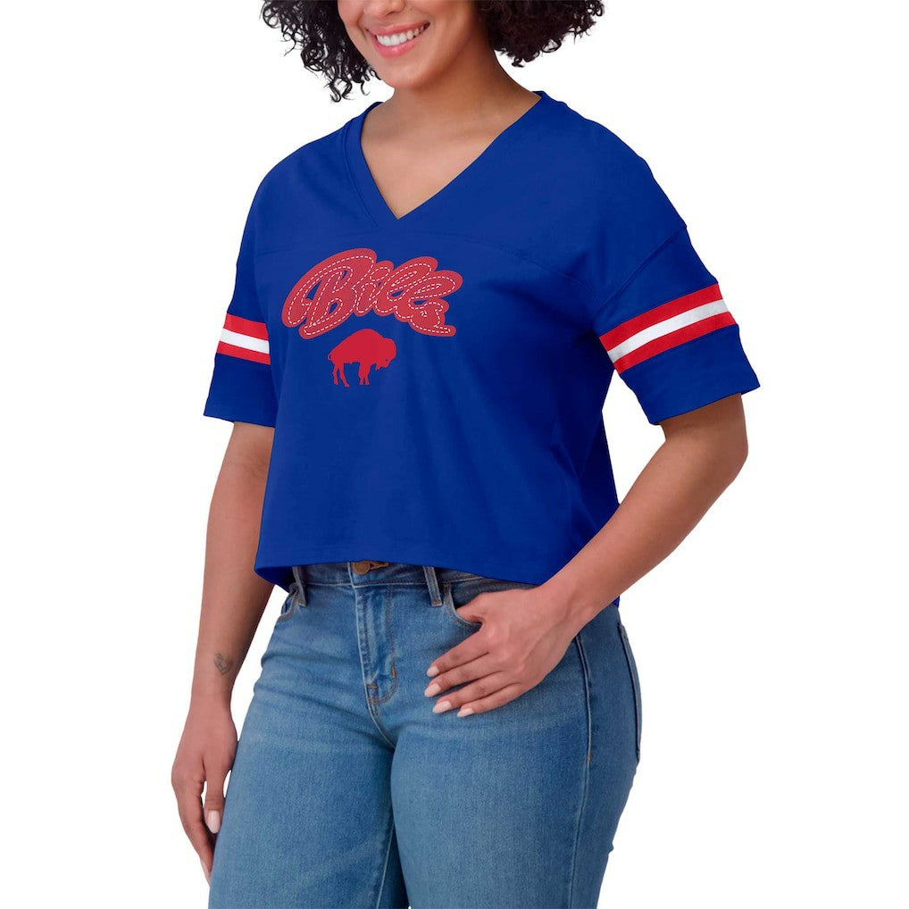 Buffalo Bills WEAR by Erin Andrews Women's Plus Size Color Block Boxy V-Neck T-Shirt - Royal online
