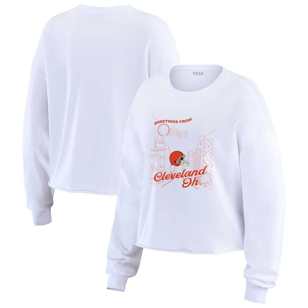 Cleveland Browns WEAR by Erin Andrews Women's Postcard Cropped Long Sleeve Top - White online