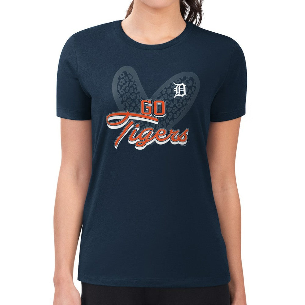 Detroit Tigers G-III 4Her by Carl Banks Women's Super-Slim Fit Lightweight Leopard Heart T-Shirt - Navy