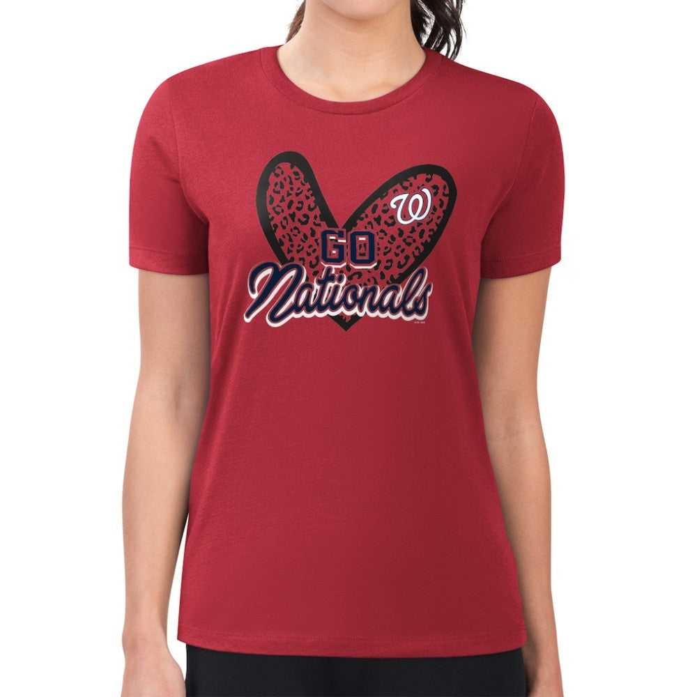 Washington Nationals G-III 4Her by Carl Banks Women's Super-Slim Fit Lightweight Leopard Heart T-Shirt - Red