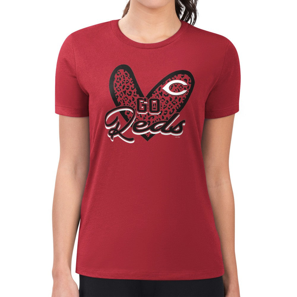 Cincinnati Reds G-III 4Her by Carl Banks Women's Super-Slim Fit Lightweight Leopard Heart T-Shirt - Red