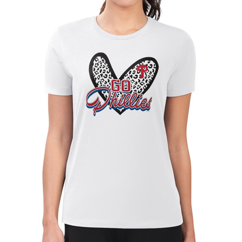 Philadelphia Phillies G-III 4Her by Carl Banks Women's Super-Slim Fit Lightweight Leopard Heart T-Shirt - White
