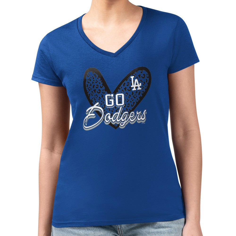 Los Angeles Dodgers G-III 4Her by Carl Banks Women's Super-Slim Fit Lightweight Leopard Heart V-Neck T-Shirt - Royal