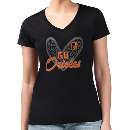 Baltimore Orioles G-III 4Her by Carl Banks Women's Super-Slim Fit Lightweight Leopard Heart V-Neck T-Shirt - Black