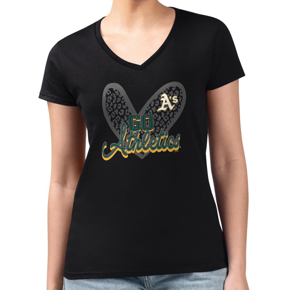 Athletics G-III 4Her by Carl Banks Women's Super-Slim Fit Lightweight Leopard Heart V-Neck T-Shirt - Black