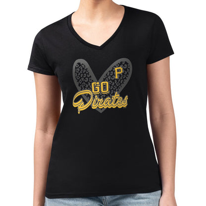 Pittsburgh Pirates G-III 4Her by Carl Banks Women's Super-Slim Fit Lightweight Leopard Heart V-Neck T-Shirt - Black