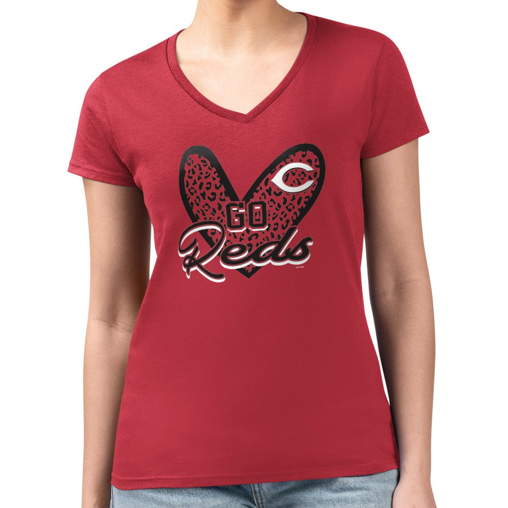 Cincinnati Reds G-III 4Her by Carl Banks Women's Super-Slim Fit Lightweight Leopard Heart V-Neck T-Shirt - Red