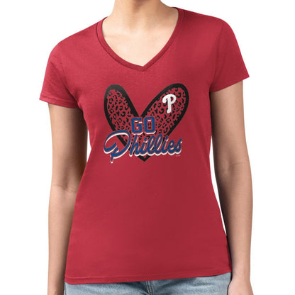 Philadelphia Phillies G-III 4Her by Carl Banks Women's Super-Slim Fit Lightweight Leopard Heart V-Neck T-Shirt - Red
