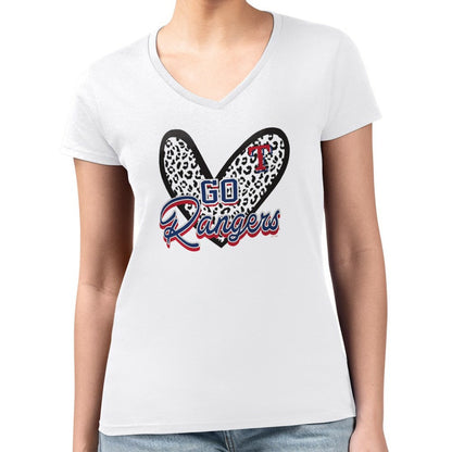 Texas Rangers G-III 4Her by Carl Banks Women's Super-Slim Fit Lightweight Leopard Heart V-Neck T-Shirt - White