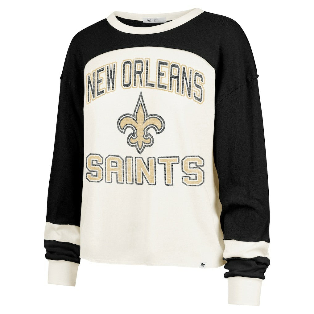 New Orleans Saints '47 Women's Double Header Curve Raglan Long Sleeve Crop Top - Cream on sale