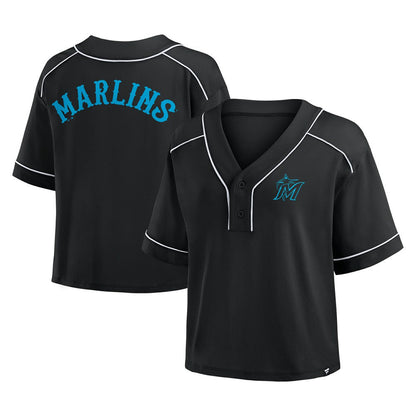 Miami Marlins Women's Oversized Champ Game Cropped  V-Neck T-Shirt - Black