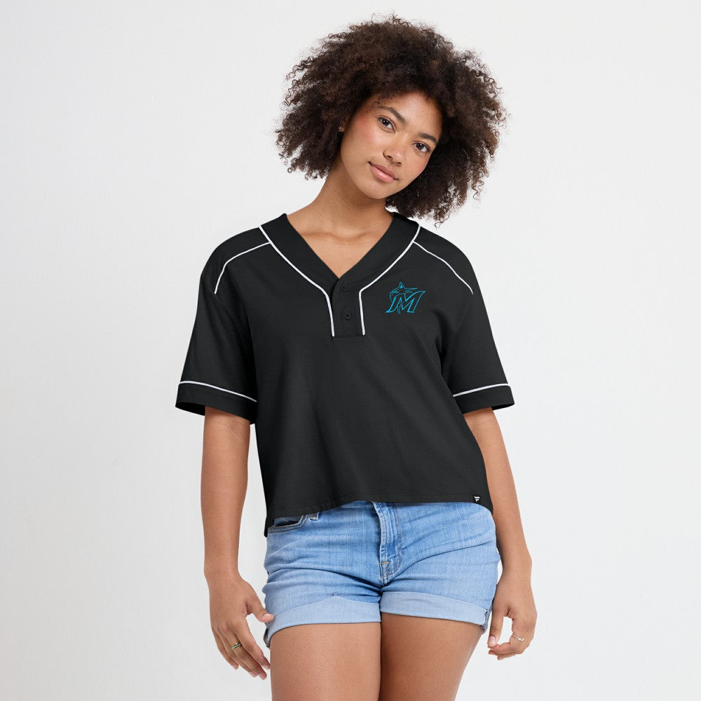 Miami Marlins Women's Oversized Champ Game Cropped  V-Neck T-Shirt - Black