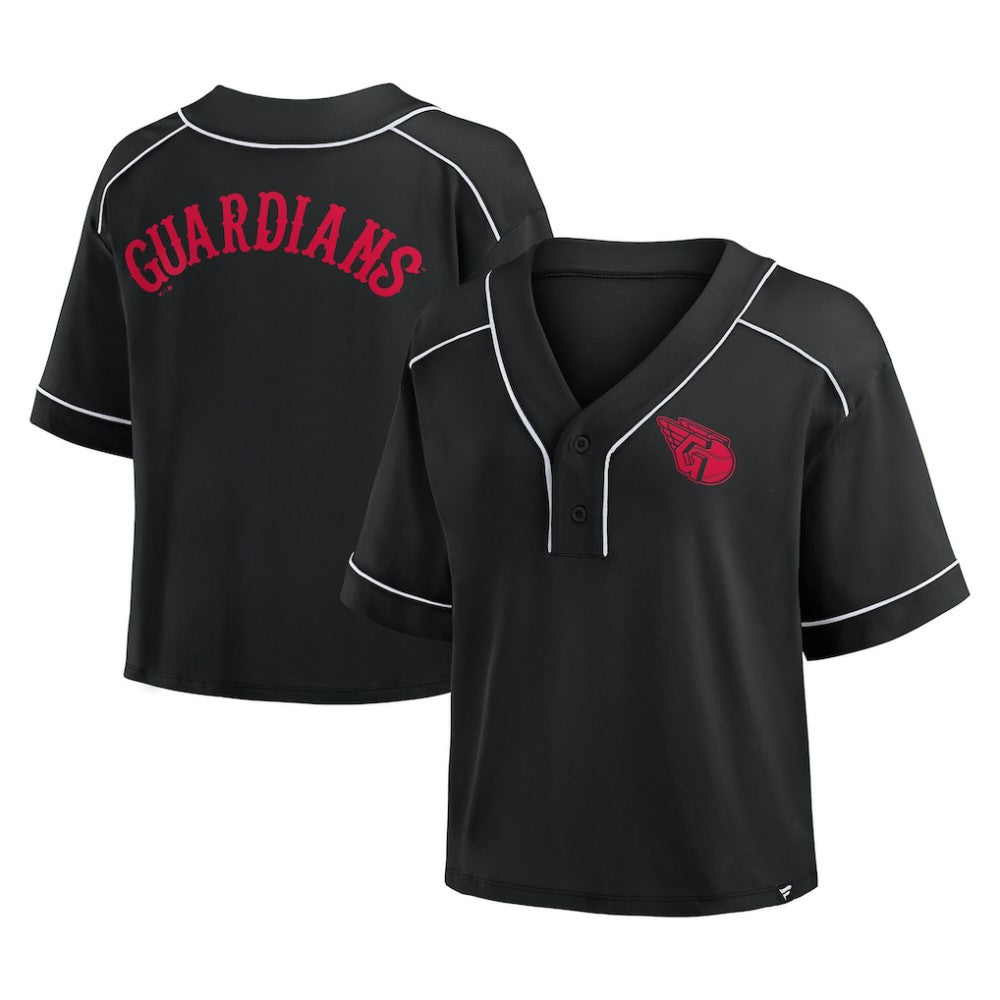 Cleveland Guardians Women's Oversized Champ Game Cropped  V-Neck T-Shirt - Black