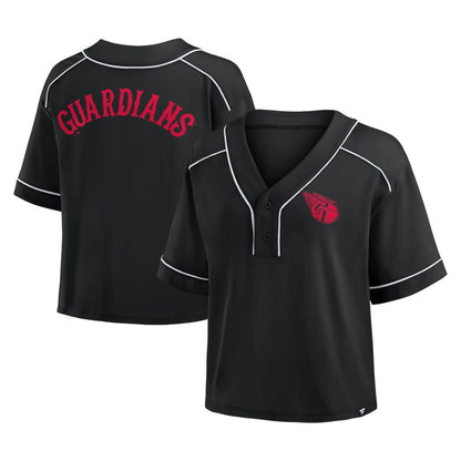 Cleveland Guardians Women's Oversized Champ Game Cropped  V-Neck T-Shirt - Black