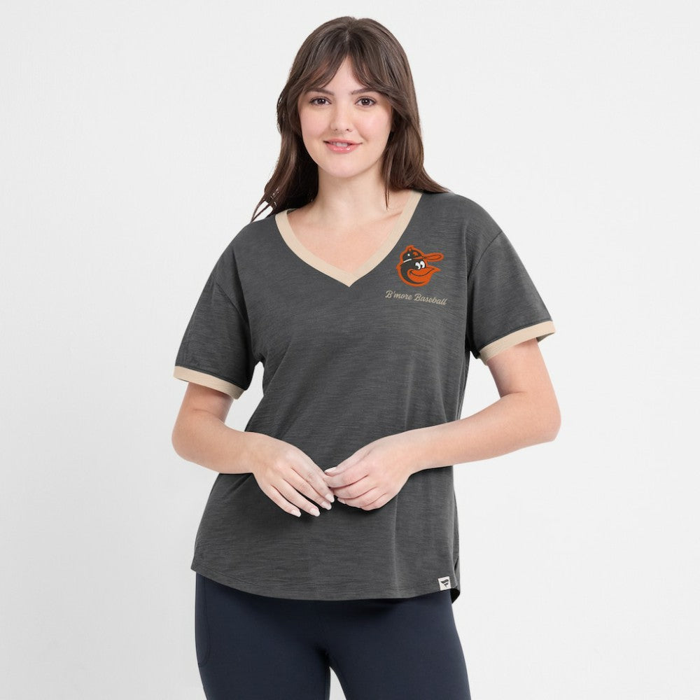 Baltimore Orioles Women's Binge Worthy Stadium Slub V-Neck T-Shirt - Black