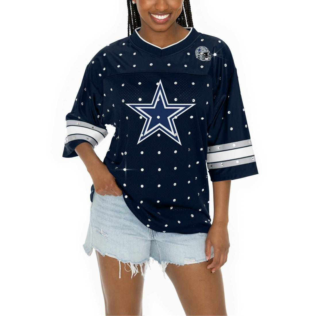Dallas Cowboys Gameday Couture Women's Kickoff Time Allover Rhinestone Sports Stripe Jersey V-Neck T-Shirt - Navy outlet