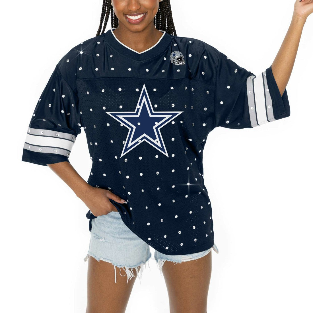 Dallas Cowboys Gameday Couture Women's Kickoff Time Allover Rhinestone Sports Stripe Jersey V-Neck T-Shirt - Navy outlet