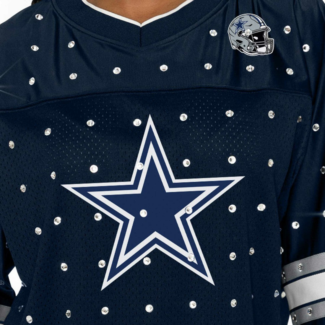 Dallas Cowboys Gameday Couture Women's Kickoff Time Allover Rhinestone Sports Stripe Jersey V-Neck T-Shirt - Navy outlet