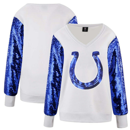 Indianapolis Colts Cuce Women's Sequin Sleeve V-Neck Pullover Sweatshirt- White sale