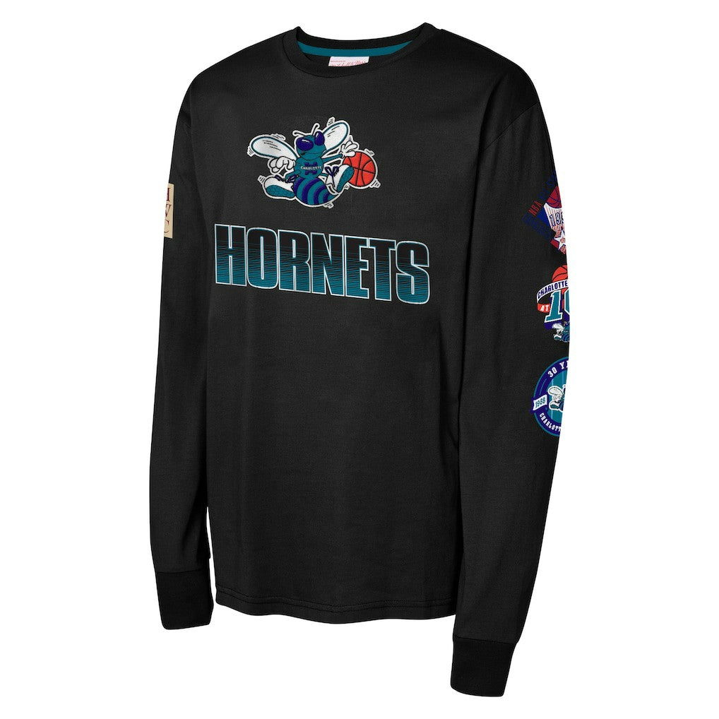 Charlotte Hornets Youth Hardwood Classic All Over Long Sleeve T-Shirt - Black | Mitchell & Ness sale
