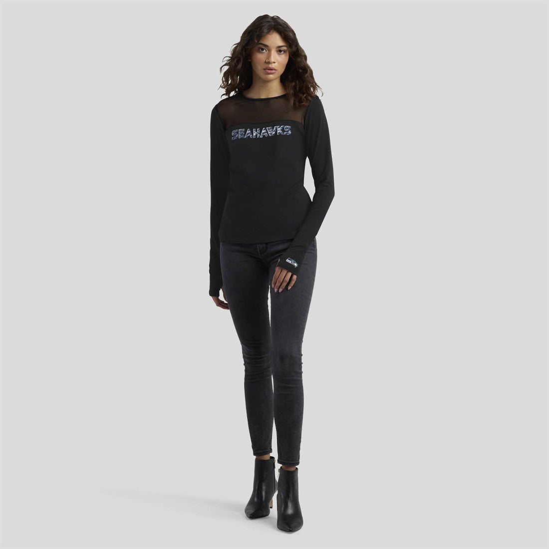 Seattle Seahawks WEAR by Erin Andrews x Gracie Hunt Women's Mesh Panel Long Sleeve T-Shirt - Black for sale
