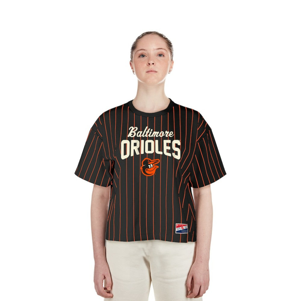 Baltimore Orioles Women's Cooperstown Collection Multiplier Pinstripe Cropped T-Shirt - Black | New Era