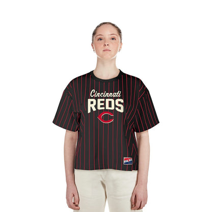Cincinnati Reds Women's Cooperstown Collection Multiplier Pinstripe Cropped T-Shirt - Black | New Era