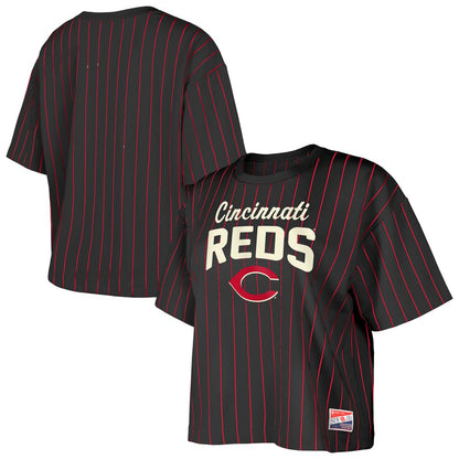 Cincinnati Reds Women's Cooperstown Collection Multiplier Pinstripe Cropped T-Shirt - Black | New Era