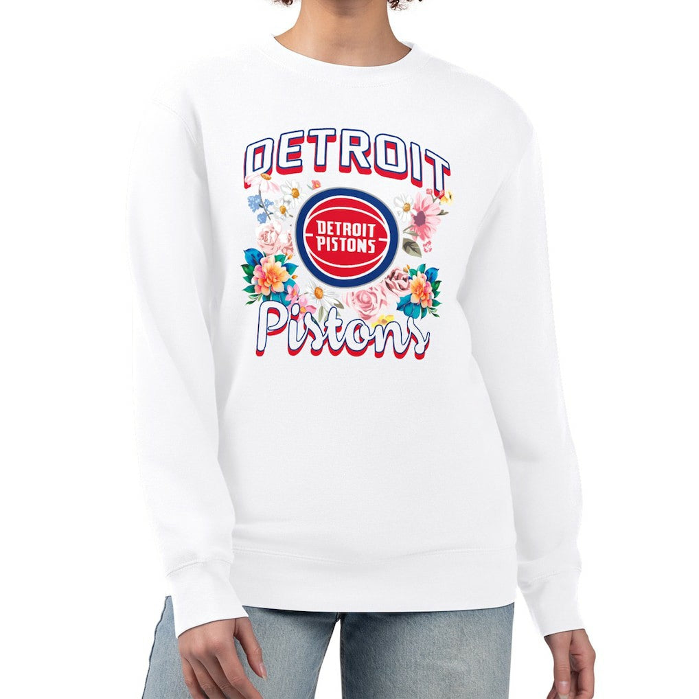 Detroit Pistons G-III 4Her by Carl Banks Women's Flowers Team Logo Graphic Fleece Crewneck Pullover Sweatshirt sale - White sale