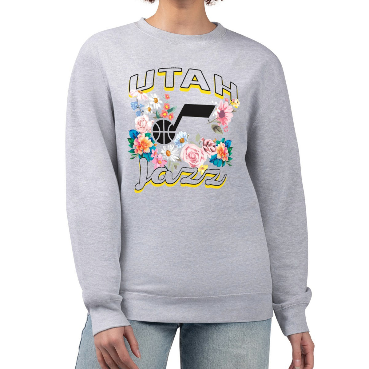 Utah Jazz G-III 4Her by Carl Banks Women's Flowers Team Logo Graphic Fleece Crewneck Pullover Sweatshirt - Heather Gray online