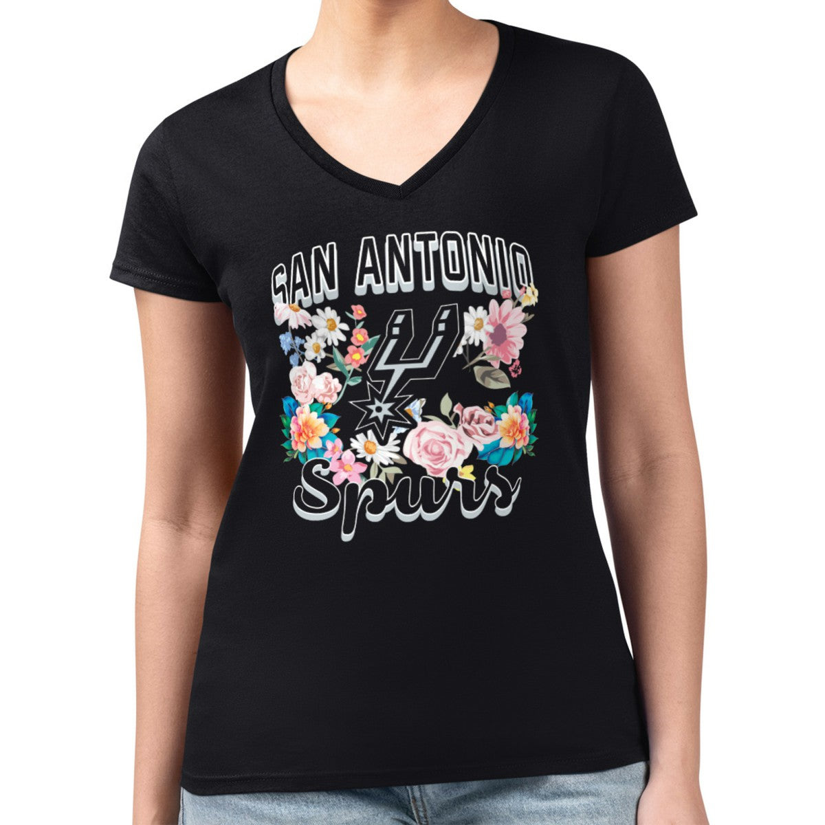 San Antonio Spurs G-III 4Her by Carl Banks Women's Super-Slim Fit Lightweight Flowers Team Logo Graphic V-Neck T-Shirt - Black discount