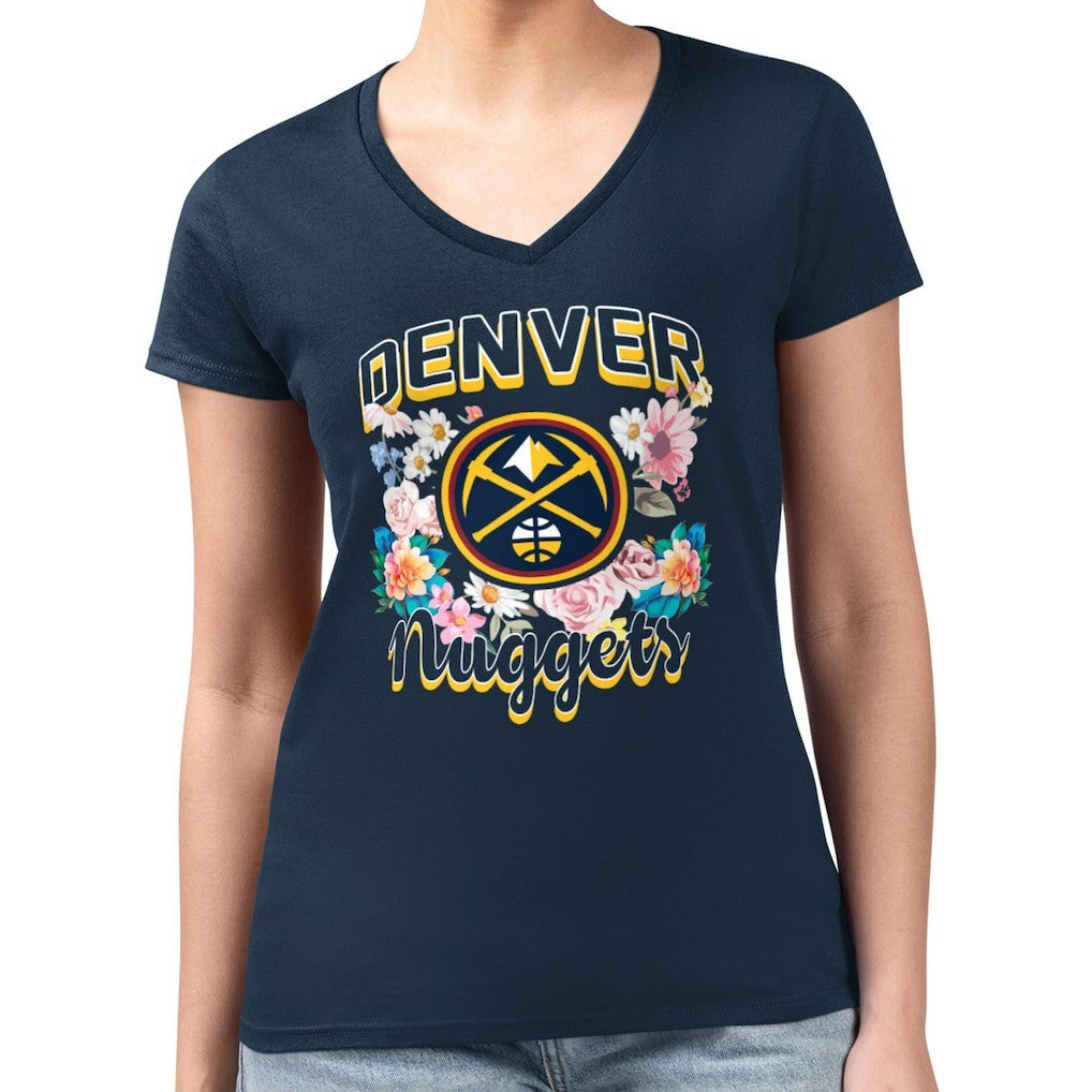 Denver Nuggets G-III 4Her by Carl Banks Women's Super-Slim Fit Lightweight Flowers Team Logo Graphic V-Neck T-Shirt sale - Navy on sale