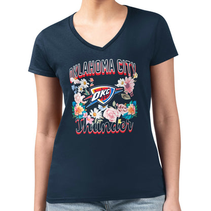 Oklahoma City Thunder G-III 4Her by Carl Banks Women's Super-Slim Fit Lightweight Flowers Team Logo Graphic V-Neck T-Shirt - Navy shop