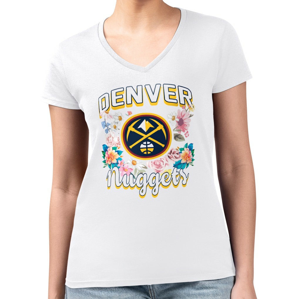Denver Nuggets G-III 4Her by Carl Banks Women's Super-Slim Fit Lightweight Flowers Team Logo Graphic V-Neck T-Shirt sale - White for sale