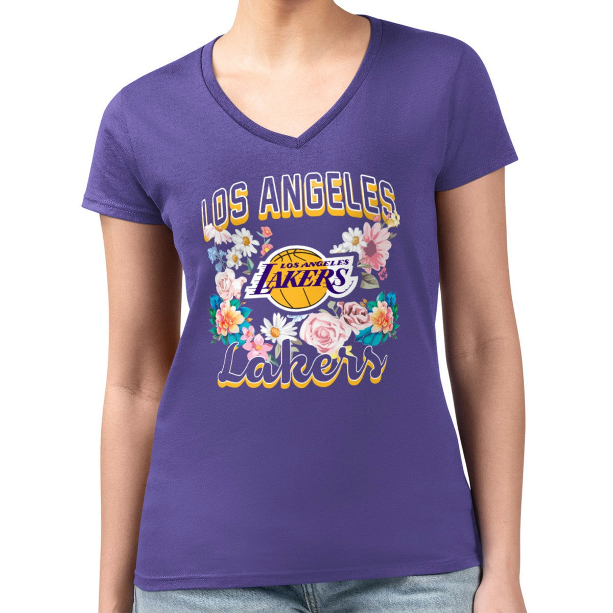 Los Angeles Lakers G-III 4Her by Carl Banks Women's Super-Slim Fit Lightweight Flowers Team Logo Graphic V-Neck T-Shirt - Purple shop