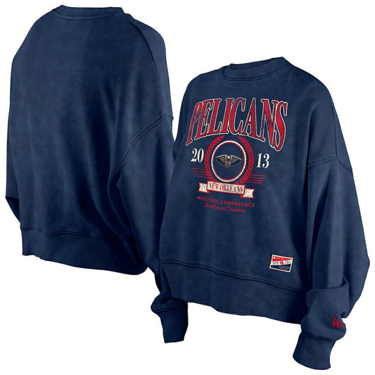 New Orleans Pelicans Women's Throwback Vintage Enzyme Wash Oversized Boxy Pullover Sweatshirt - Navy | New Era shop