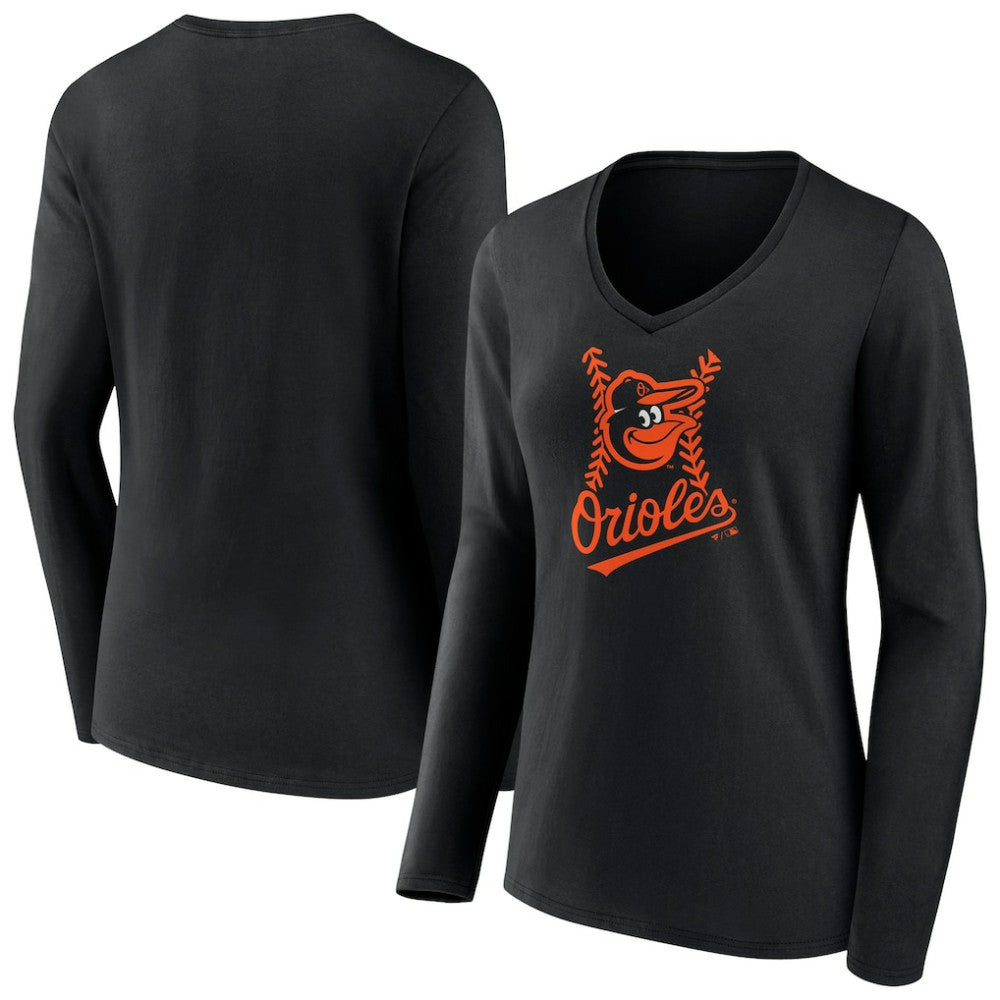 Baltimore Orioles Women's Fastball Long Sleeve V-Neck T-Shirt - Black