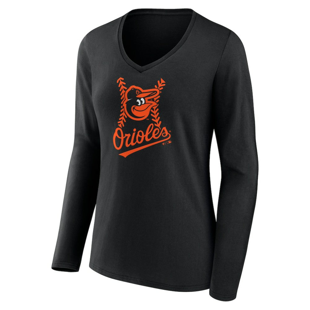Baltimore Orioles Women's Fastball Long Sleeve V-Neck T-Shirt - Black
