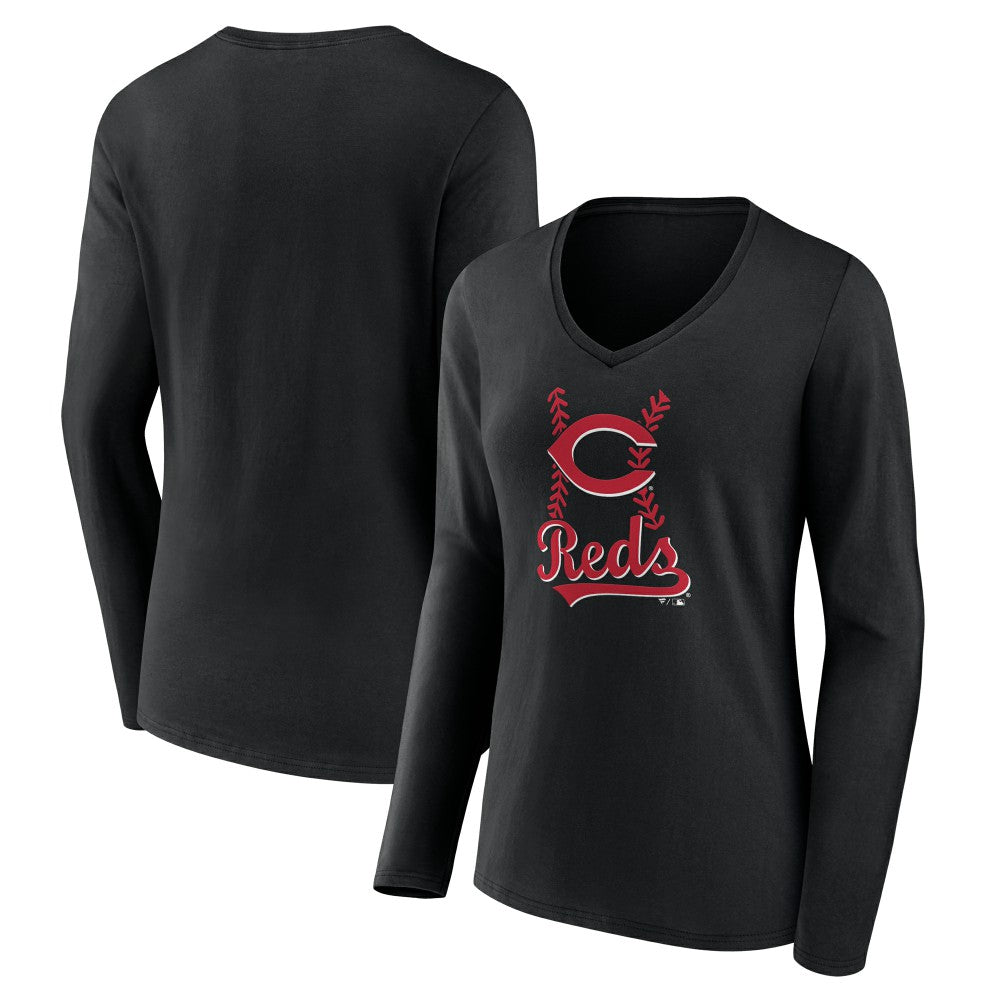 Cincinnati Reds Women's Fastball Long Sleeve V-Neck T-Shirt - Black