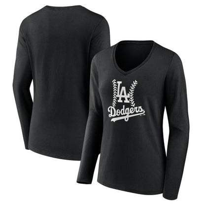 Los Angeles Dodgers Women's Fastball Long Sleeve V-Neck T-Shirt - Black